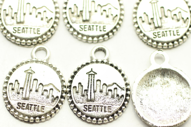 Seattle Skyline on Bottle Cap, 20x16x2mm, Antique Silver Plated Metal Alloy, Approximately 14 per bag