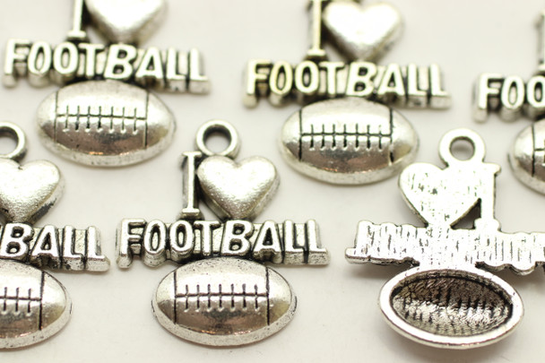 "I Heart Football" on top of Football, 20x18x3mm, Antique Silver Plated (Metal Alloy), approx 12 per bag