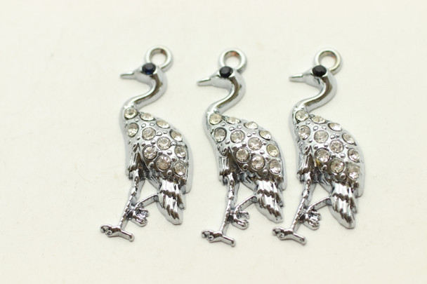 Crane, Rhinestone, 33x19mm, Antique Silver Plated Metal Alloy, 3 PCS