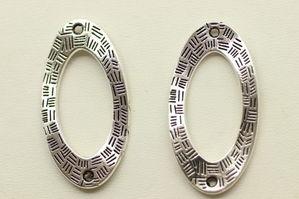 Oval Ring, Textured, Double Sided, 36x18.5x2mm, Antique Silver Plated, Metal Alloy, 8 PCS