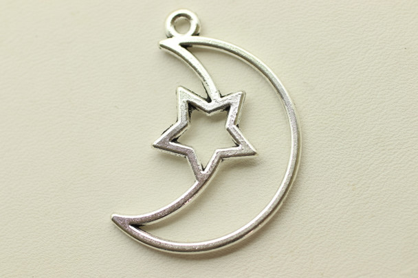Moon and Star, 37x22x1.5mm, Antique Silver Plated (Metal Alloy), approx 13 per bag