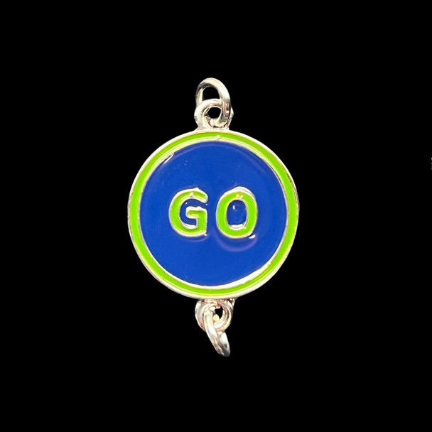 Enamel Charm, Round "GO", Blue & Green, Double Loop, 18mm