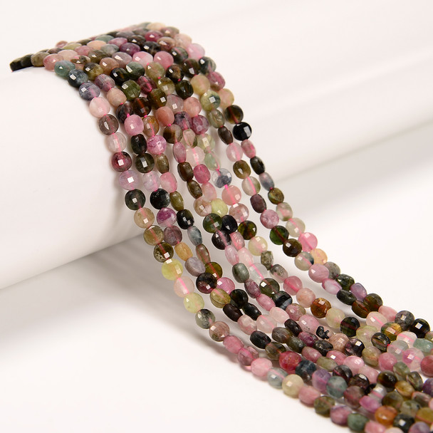Tourmaline, Mixed, Natural, Faceted Coin, One 4mm Strand
