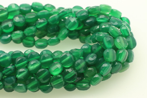 Agate, Green, Dyed, Faceted Coin, 6mm, One Strand