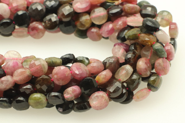 Tourmaline, Mixed, Natural, Faceted Coin, 6mm, One Strand
