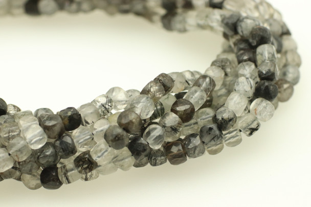 Rutilated Quartz, Black, Natural, Faceted Cube, 4mm, One Strand