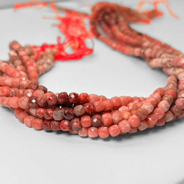 Rhodochrosite, Natural, Faceted Cube, One 4mm Strand