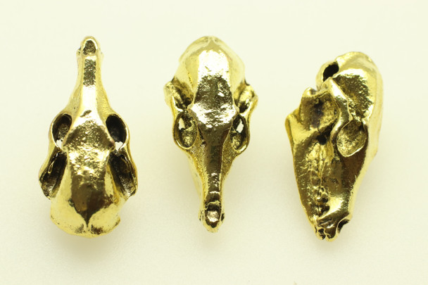Dog Skull, Double Sided, 30x13x13mm, Antique Gold Plated (Metal Alloy), approx 3 per bag