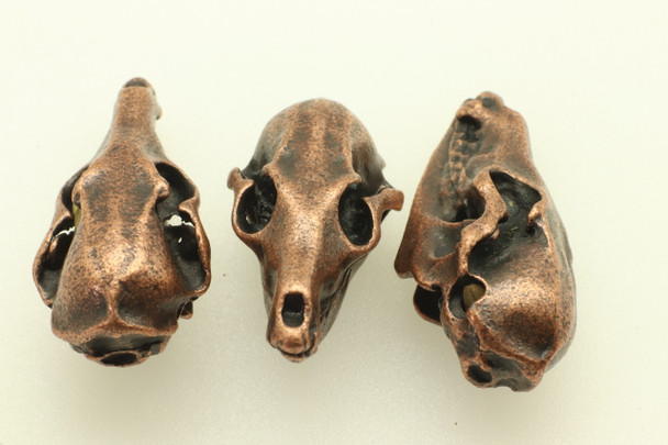 Dog Skull, Double Sided, 30x13x13mm, Antique Copper Plated (Metal Alloy), approx 3 per bag