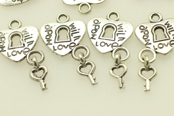 Heart Lock with Key Dangle, "Made with Love" , Antique Silver (Metal Alloy), 22.5x11mm, approx. 37