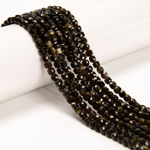 Obsidian, Golden, Natural, Faceted Cube, 4mm, One Strand