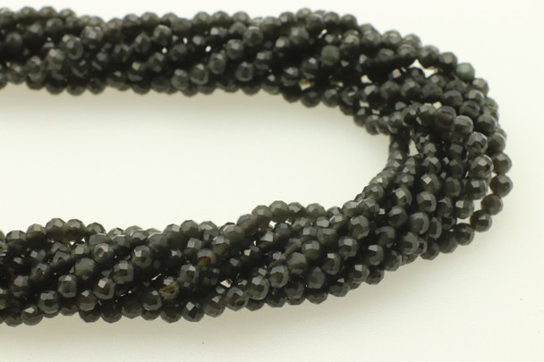 Obsidian, Black, Natural, Faceted Round, 2mm, One Strand