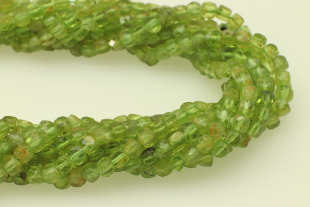 Peridot, Natural, Faceted Cube, 4mm, One Strand