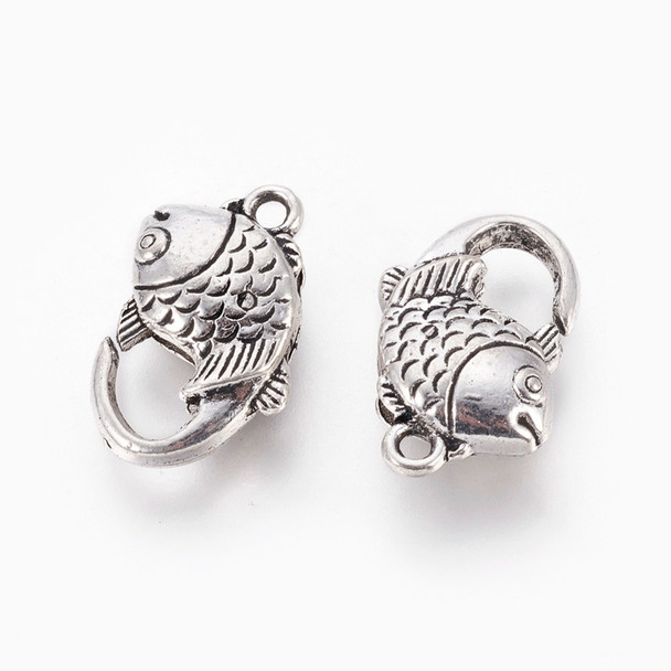 Lobster Clasp, Fish, 19x12x6mm, Silver Plated Metal Alloy, 5  PCS