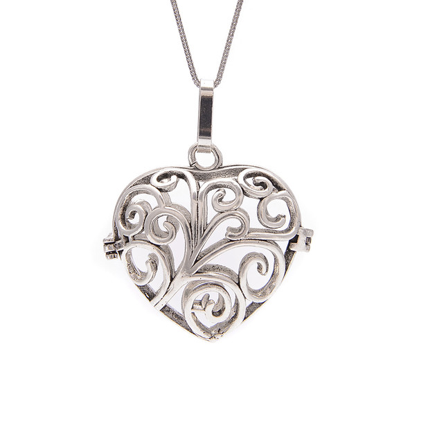 Cage, Heart, Curly Design, Silver Plated Metal Alloy, Pendant, 30x32x15mm