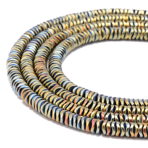 Gold Rainbow, Shiny, Hematite, Wavy Spacer, Manmade, One 6x1mm Strand