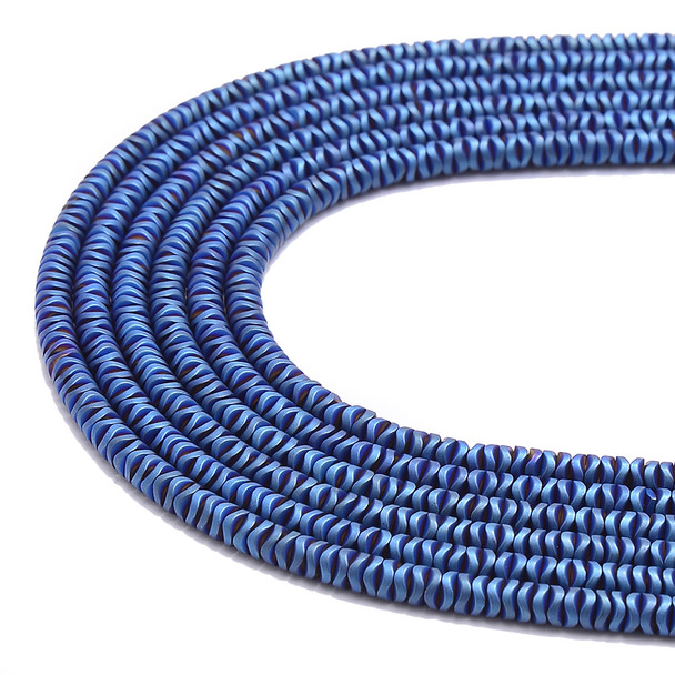 Blue, Matte, Hematite, Wavy Spacer, Manmade, One 4x1mm Strand
