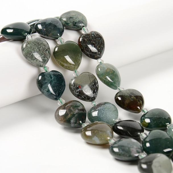 Moss Agate, Natural, Puffy Heart, One 20mm Strand