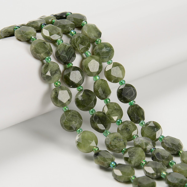 Jade, Green, Nephrite, Natural, Faceted, Hexagon Coin, One 10mm Strand