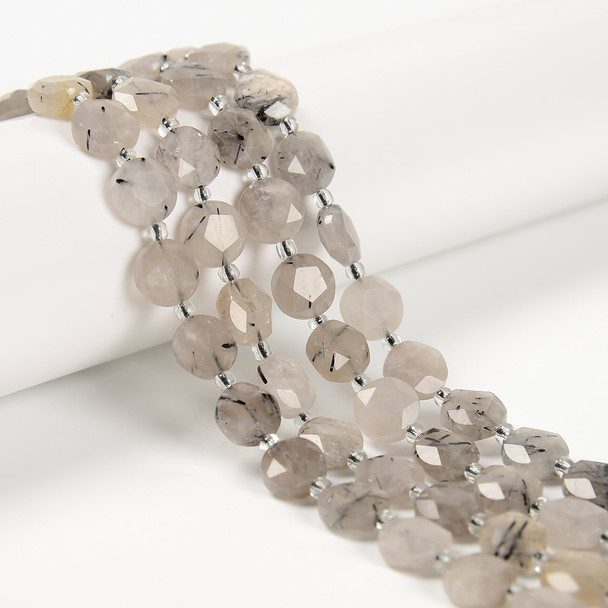 Rutilated Quartz, Black, Natural, Faceted, Hexagon Coin, One 10mm Strand