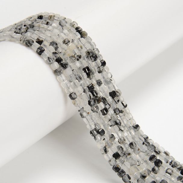 Rutilated Quartz, Black, Natural, Faceted Mini Cube, One 2.5mm Strand