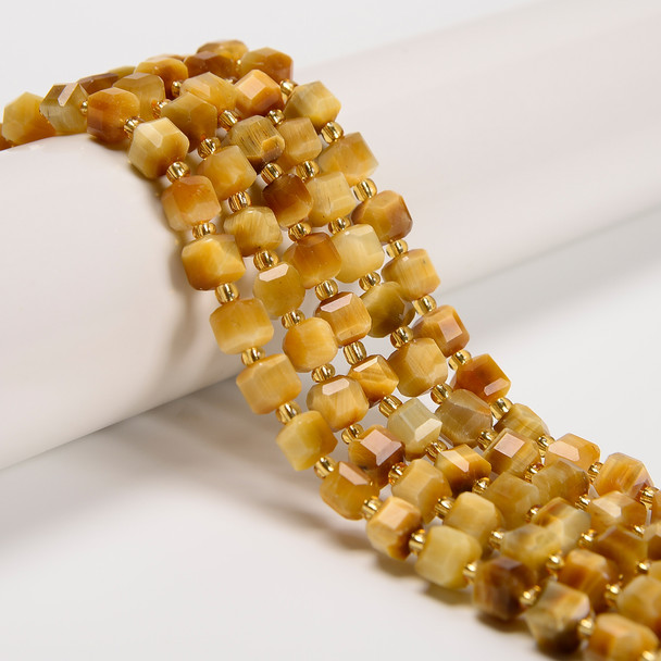 Tiger's Eye, Golden, Heated, Fancy Faceted Cube Beads, One 6mm Strand