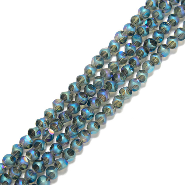 Blue Rainbow, Smooth Round, Window Cut Glass, One 4mm Strand