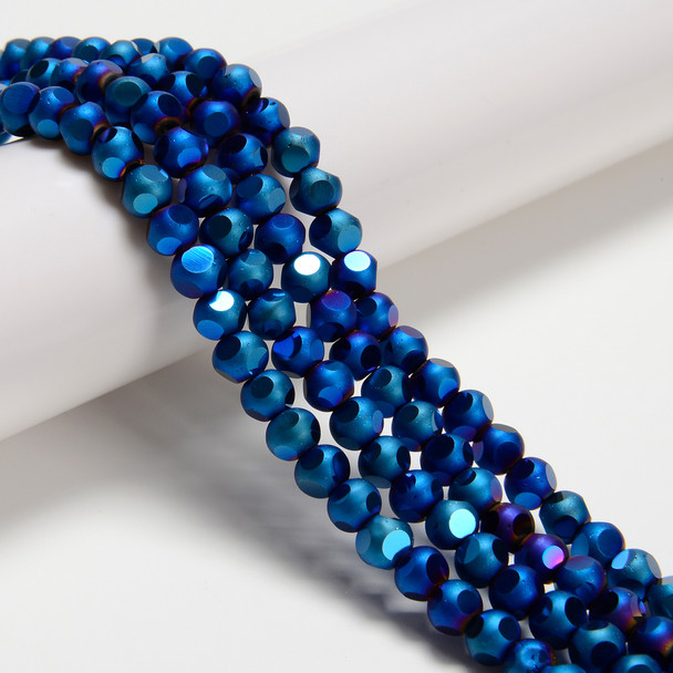 Blue Flare, Smooth Round, Window Cut Glass, One 6mm Strand