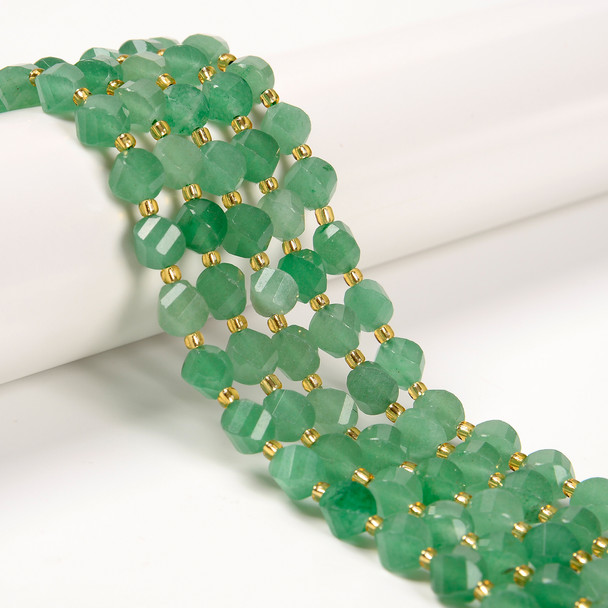 Aventurine, Green, Quartz, Natural, Faceted Twisted Helix Beads, One 8mm Strand