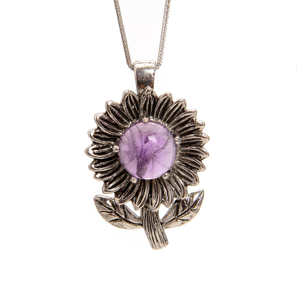 Amethyst, Natural, Sunflower, One Pendant, 33x22mm