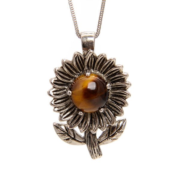 Tiger Eye, Brown, Natural, Sunflower, One Pendant, 33x22mm