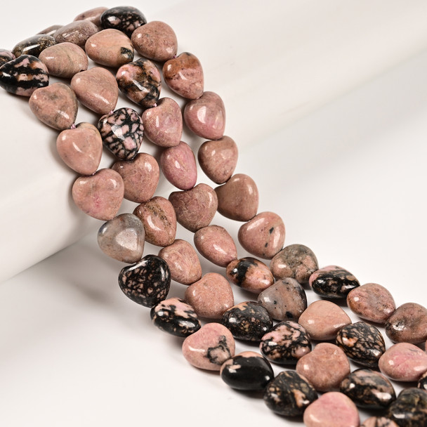 Rhodonite, Black Stripe, Natural, Puffy Heart, One 10mm Strand