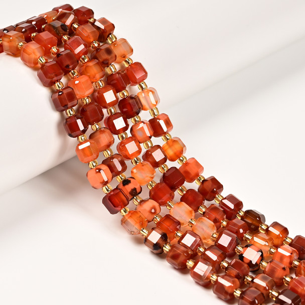 Carnelian Agate, Dark Mix, Heated, Fancy Faceted Cube Beads, One 6mm Strand
