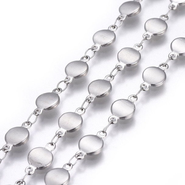 Stainless Steel Chain, 11x6mm, Flat Round, 3.3 ft.