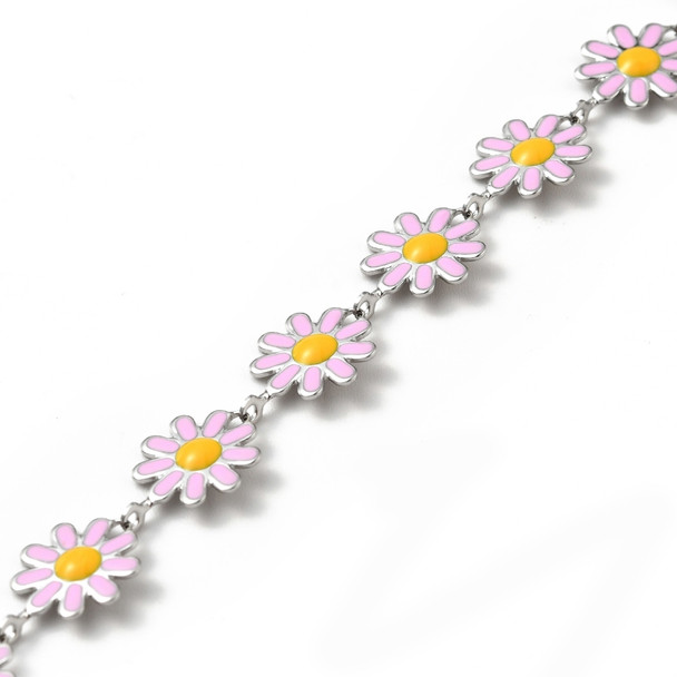 Stainless Steel Chain, 10mm, Flower w/ Enamel, Pink, 3.3 ft.