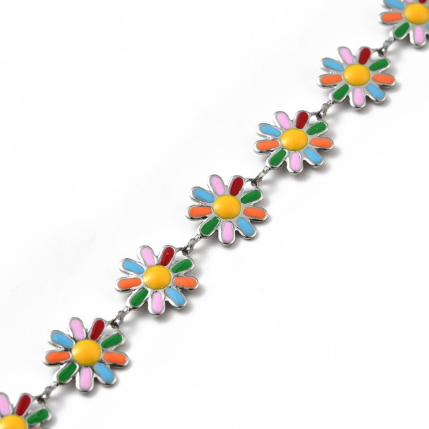 Stainless Steel Chain, 10mm, Flower w/ Enamel, Multicolor, 3.3 ft.