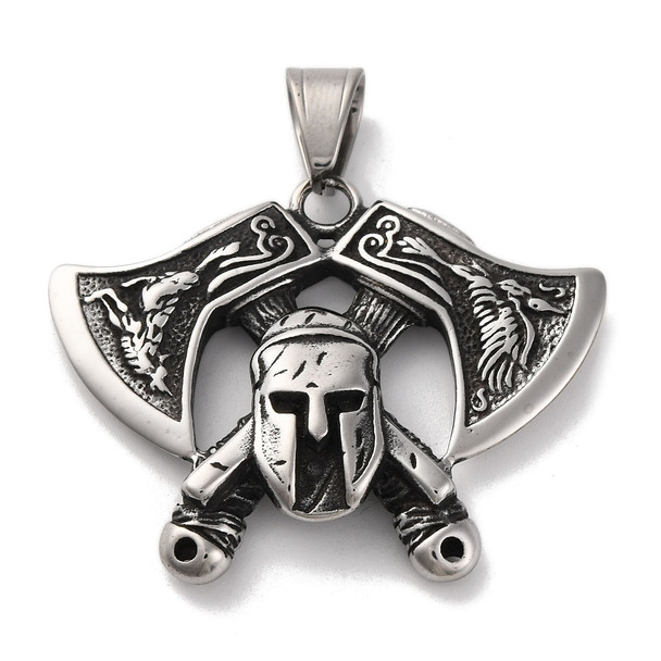 War Helmet & Axes Pendant, Stainless Steel, 39x48mm