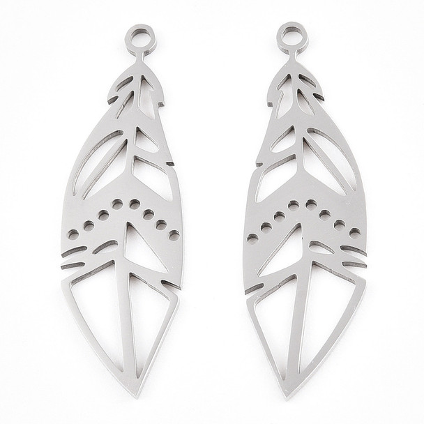 Stainless Steel, Cutout, Feather, 33x10mm, 2 PCS