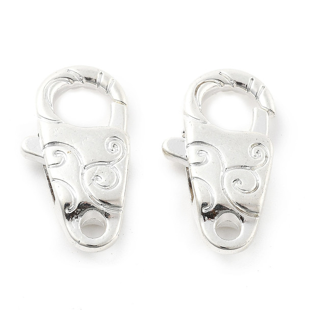 Lobster Claw Clasp, Swirl, 25x14mm, Shiny Silver Plated Brass, 4 PCS