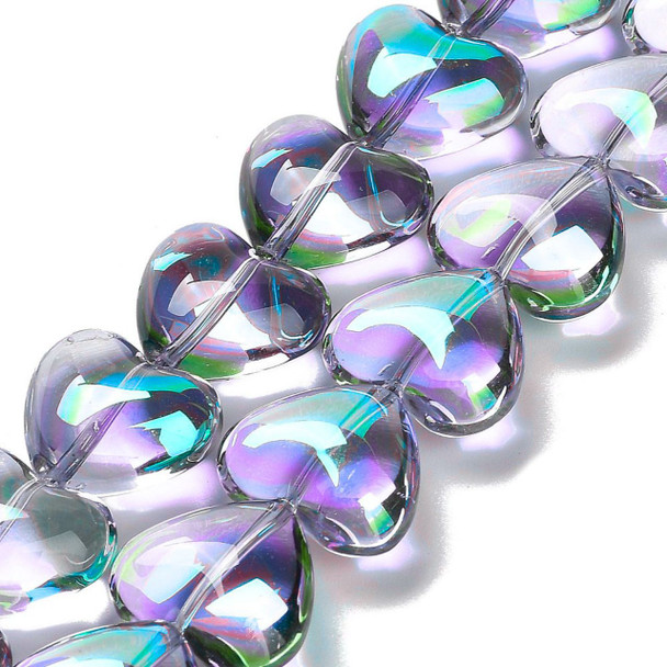 Heart Shape, Smooth, Glass, 12x15x8mm, Purple Rainbow, One 24in Strand