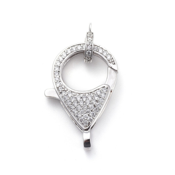 Lobster Claw Clasp, With Bail, 27x17mm, Brass, Platinum Plated, Cubic Zirconia, 1 Set