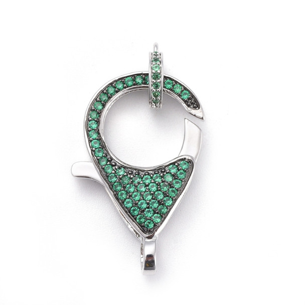 Lobster Claw Clasp, With Bail, 27x17mm, Brass, Platinum Plated, Cubic Zirconia, Green, 1 Set