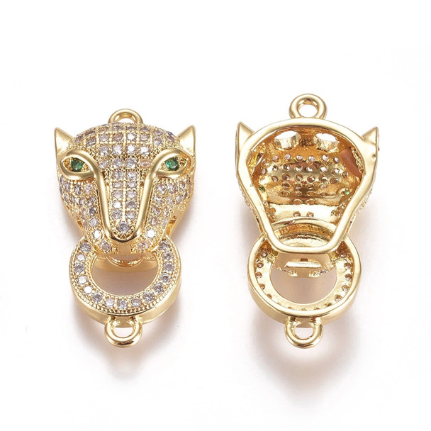 Link Connector, Leopard Head, 29x15mm, Plated Brass, Golden, Cubic Zirconia, 1 PC