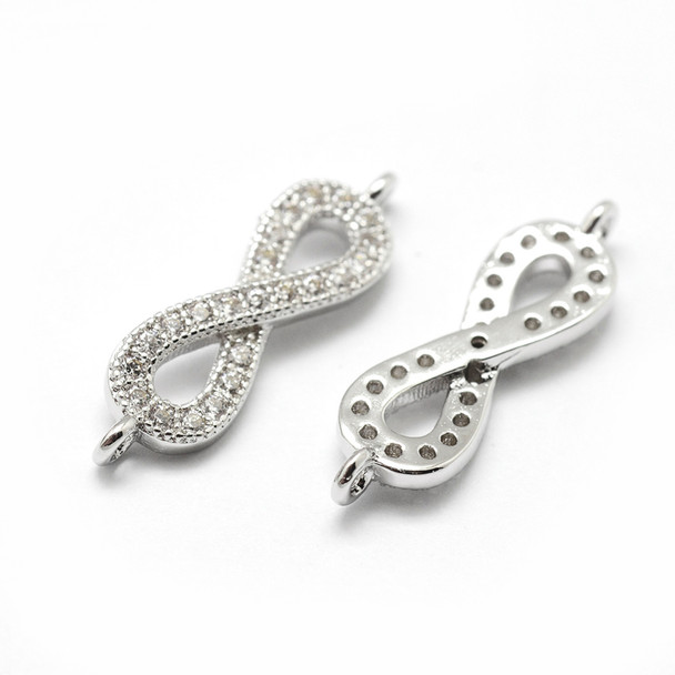 Link Connector, Infinity, 6x20mm, Brass, Platinum Plated, Grade AAA, Cubic Zirconia, 1 PC