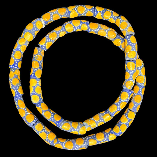 African Glass, Krobo, Blue & Orange Spots, 25x12mm