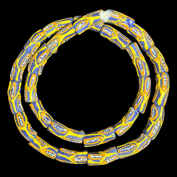 African Glass, Krobo, Blue, Orange & Yellow, 28x12mm, 24in Strand