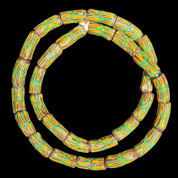 African Glass, Krobo, Brown, Green & Orange, 26x11mm, 24in Strand