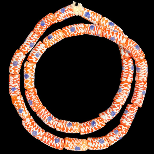 African Glass, Krobo, Red & White, Blue Dots, 25x12mm, 24in Strand