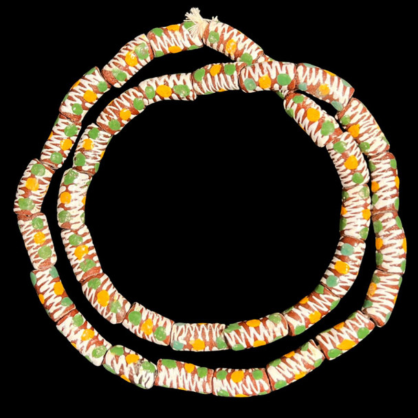 African Glass, Krobo, Brown & White, Green & Orange Dots, 22x11mm, 24in Strand