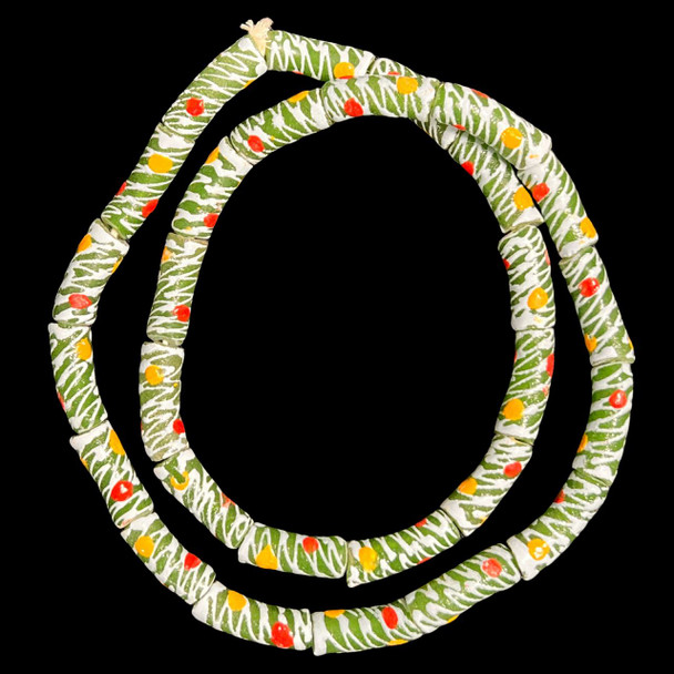 African Glass, Krobo, Green & White, Yellow & Red Dots, 27x10mm, 24in Strand
